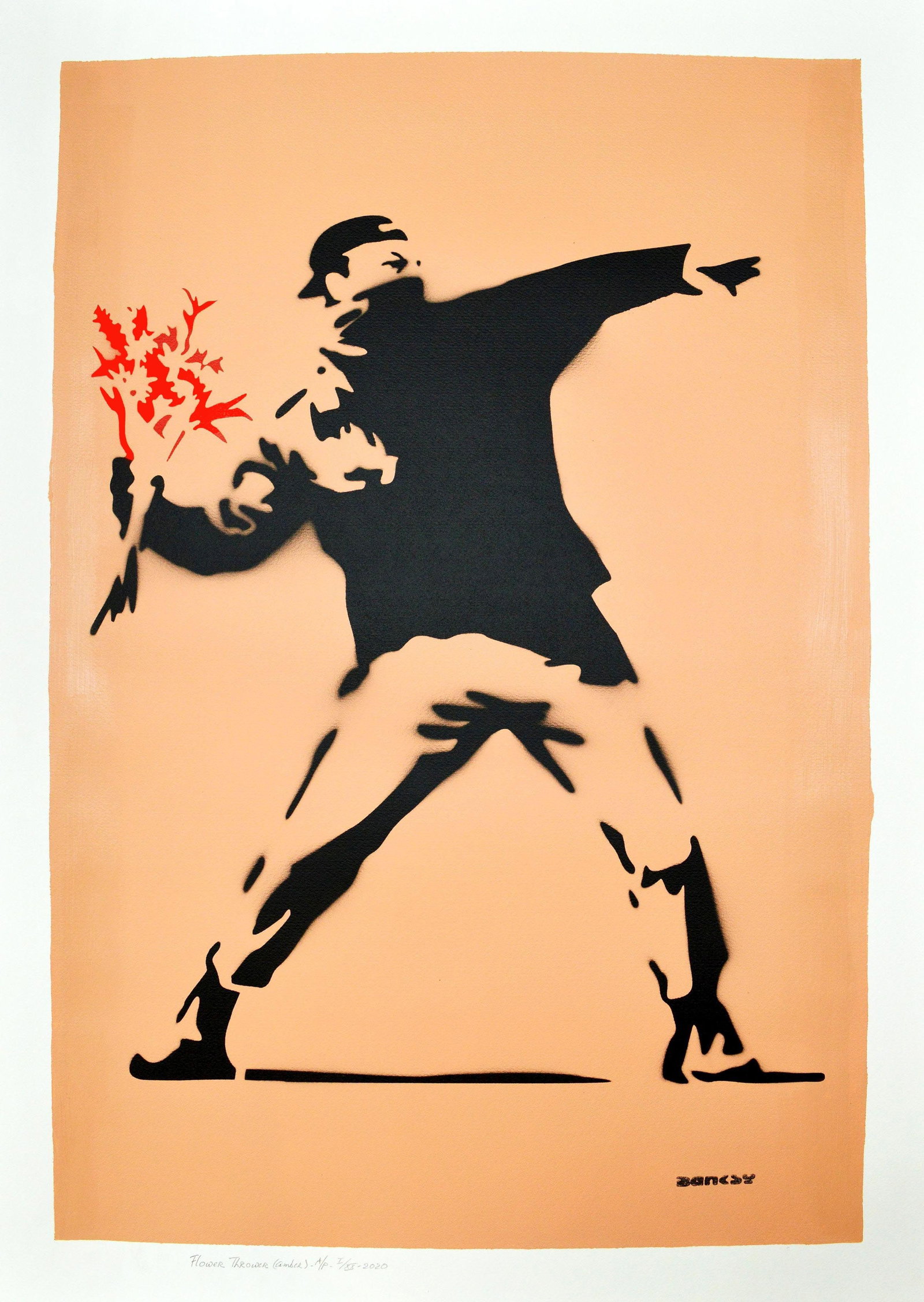 Banksy, after - Stencil / Spray.: Artist: Banksy, after Title: Flower Thrower (Amber) Technique: Stencil/Spray on Arches paper 400 g size: 100 x 70 cm. (39,35 x 27,55 inch) Framed: Not framed More Information<