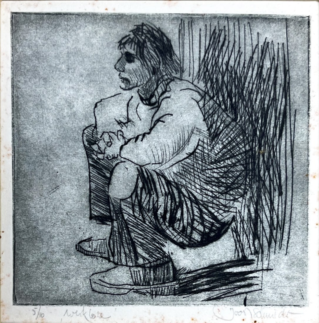 Joost Schmidt - drypoint etching - hand signed: Artist: Schmidt, Joost Title: Werkloze Technique: Etching on Handmade paper size: 17,5 x 18 cm. (6,9 x 7,1 inch) Framed: 40 x 30 cm. (0 x 0 inch.) More Information Title: Werkloze ("Unemployed
