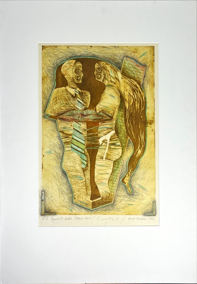 Aurel Bulacu - Etching - Hand signed: Artist: Bulacu, Aurel Title: Couple Technique: Etching on Handmade paper size: 70 x 50 cm. (27,55 x 19,7 inch) Framed: 100 x 70 cm. (0 x 0 inch.) More Information Born in 1947 / Craiova, RomaniaLives