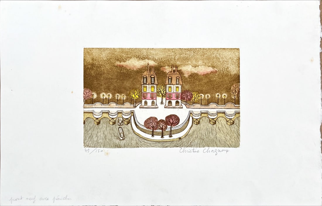 Christine Chagnoux - Etching - Hand-signed: Artist: Chagnoux, Christine Title: Pont neuf Technique: Etching on Handmade paper size: 33 x 51 cm. (13 x 20,1 inch) Framed: Not framed More Information Christine Chagnoux 1937 - 2020 Franse artiste.