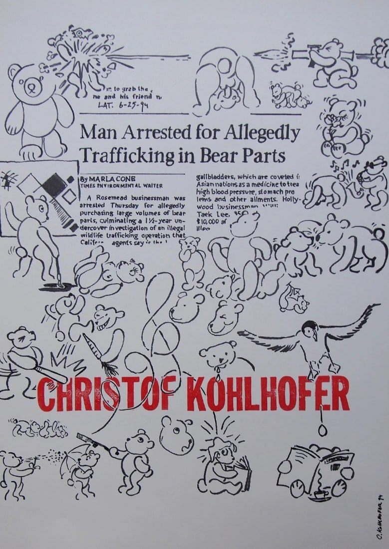 Christof Kohlhofer - Original exhibition poster: Artist: Kohlhofer, Christof Title: Man arrested for allegedly trafficking bear parts Technique: Lithograph on Smooth paper size: 59 x 42 cm. (23,25 x 16,55 inch) Framed: Not framed More Information