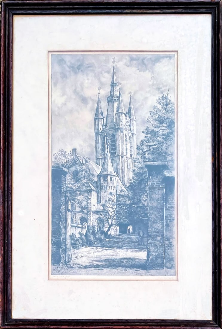Hofker, Willem Gerard - Etching - Handsigned: Artist: Hofker, Willem Gerard Title: Gezicht op het Prinsenhof te Delft Technique: Etching on Handmade paper size: 50 x 30 cm. (19,7 x 11,8 inch) Framed: x cm. (0 x 0 inch.)