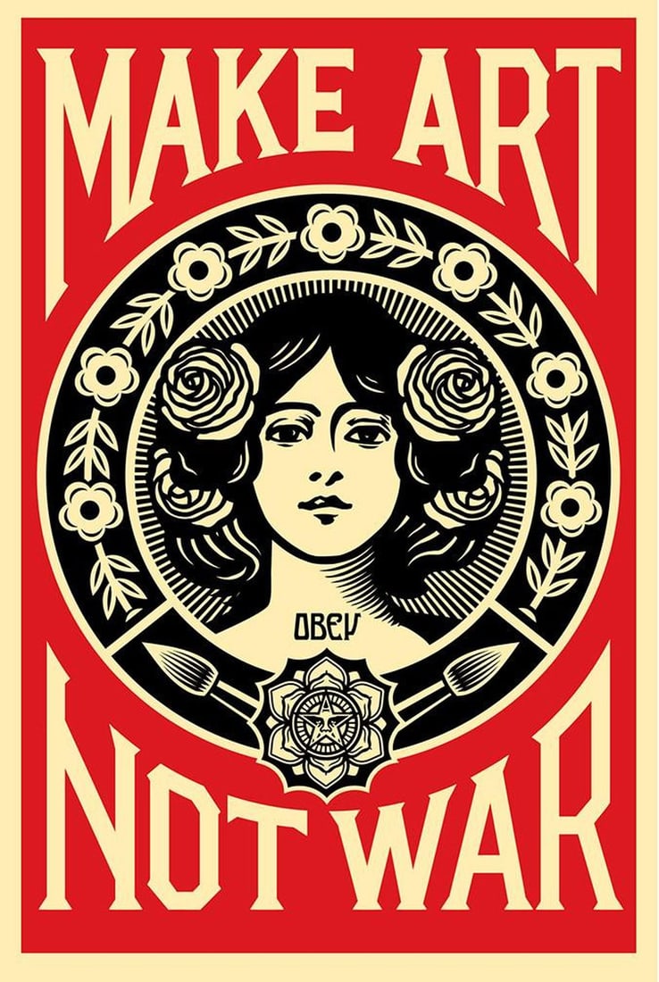 Fairey, Shepard - Make Art Not War - Hand-signed: Artist: Fairey, Shepard Title: Make Art Not War Technique: Offset lithograph on Speckle tone paper size: 91,5 x 61 cm. (36 x 24 inch) Framed: Not framed More Information Ti