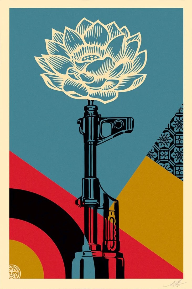 Fairey, Shepard - Lotus and AR-15 - Hand-signed: Artist: Fairey, Shepard Title: Lotus and AR-15 Technique: Offset lithograph on Speckle tone paper size: 91,5 x 61 cm. (36 x 24 inch) Framed: Not framed More Information Tit
