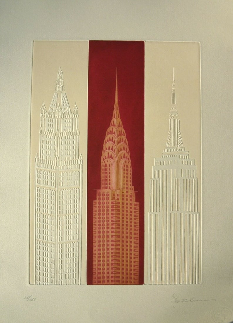 Robers, Jos - Lithograph/Embossing.: Artist: Robers, Jos Title: Chrysler Building Technique: Lithograph on BFK Rives paper size: 54 x 44 cm. (21,25 x 17,3 inch) Framed: Not framed More Information Hand signed