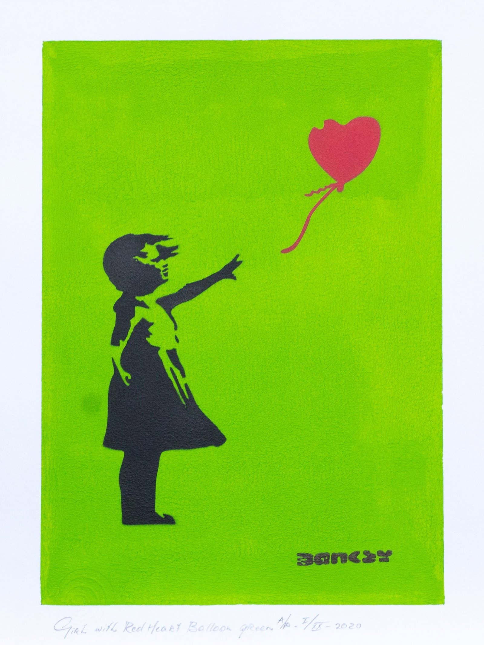 Banksy, after - Stencil / Spray.: Artist: Banksy, after Title: Girl with Red Heart Balloon (green) Technique: Stencil/Spray on Arches paper 360 g size: 40 x 30 cm. (15,75 x 11,8 inch) Framed: Not framed More Informati