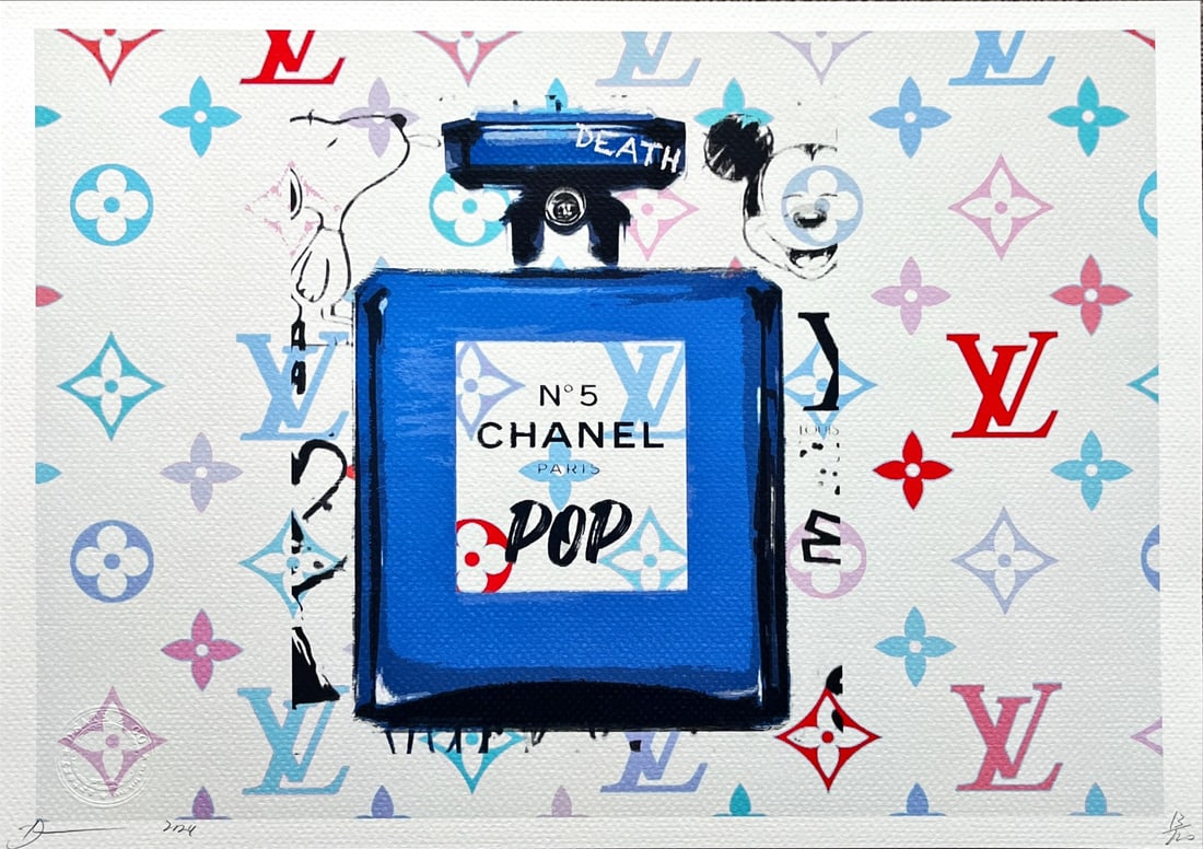 Death NYC - Chanel No5 and Louis Vuitton - Hand signed: Artist: Death NYC Title: Chanel No5 and Louis Vuitton Technique: Graffiti Pop Art Print on Fine art 300 gsm paper size: 32 x 45 cm. (12,6 x 17,7 inch) Framed: Not framed More Informat