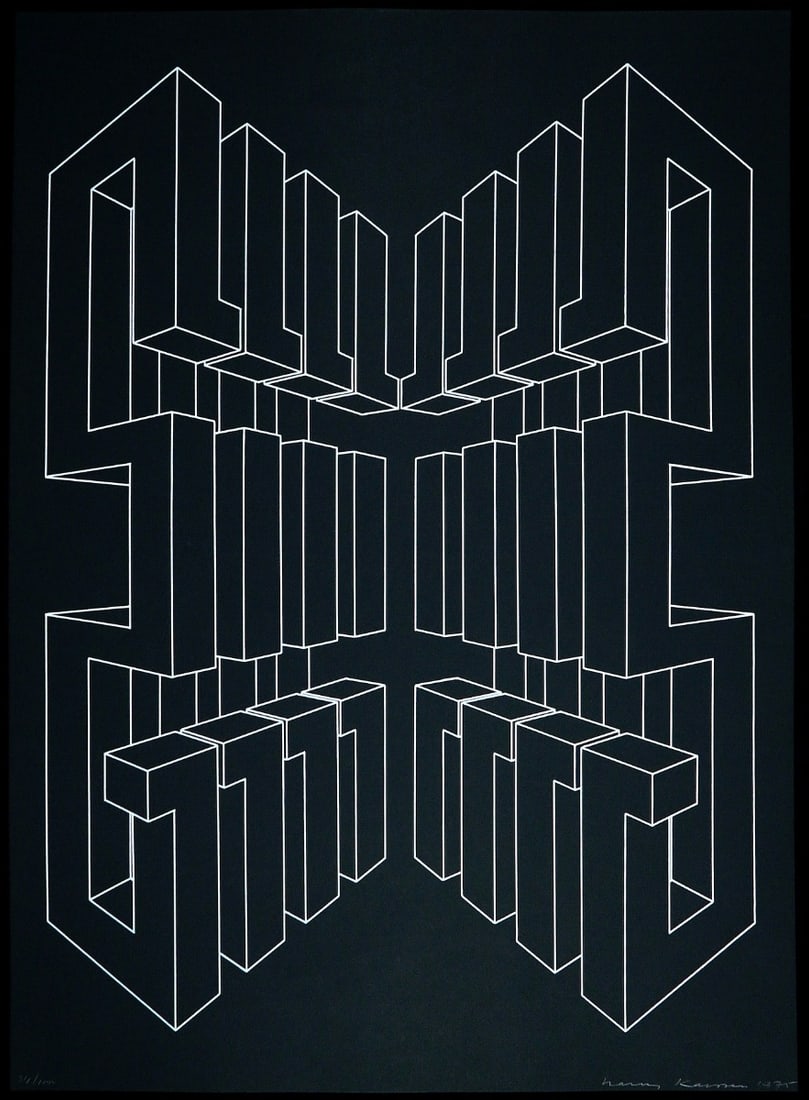 Harry Karssen - Silkscreen - Handsigned: Artist: Karssen, Harry Title: Geometric-abstraction Technique: Silkscreen on Black Paper size: 70 x 50 cm. (27,55 x 19,7 inch) Framed: Not framed More Information Harry Kar