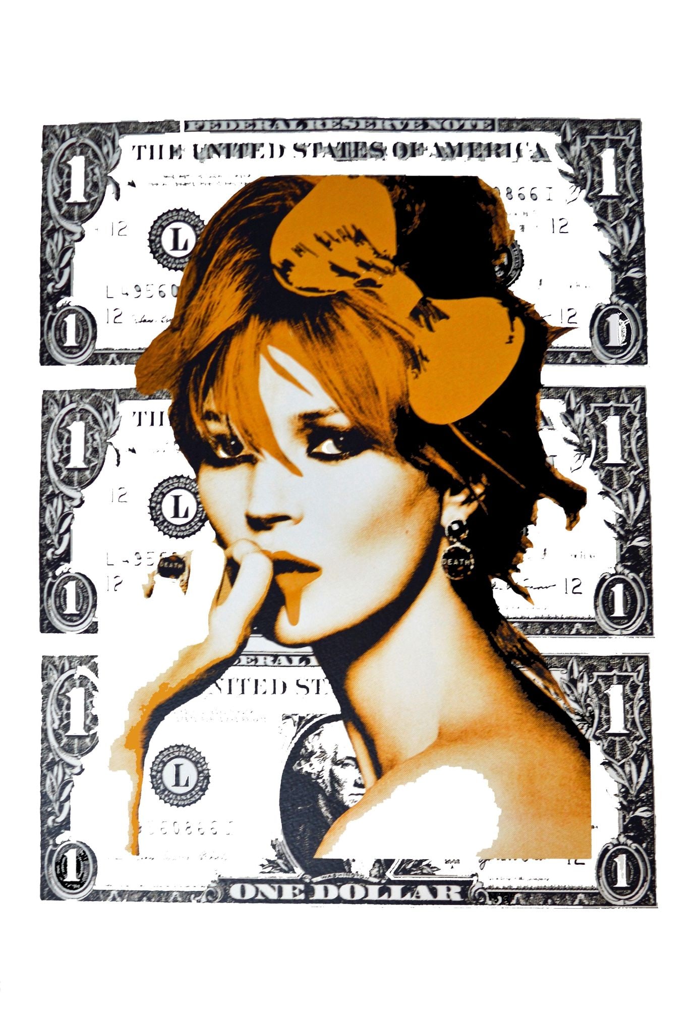 Death NYC - Silkscreen.: Artist: Death NYC Title: Kate Moss $ Orange Technique: Silkscreen on Fine art 300 gsm paper size: 45 x 32 cm. (17,7 x 12,6 inch) Framed: Not framed More Information Hand si