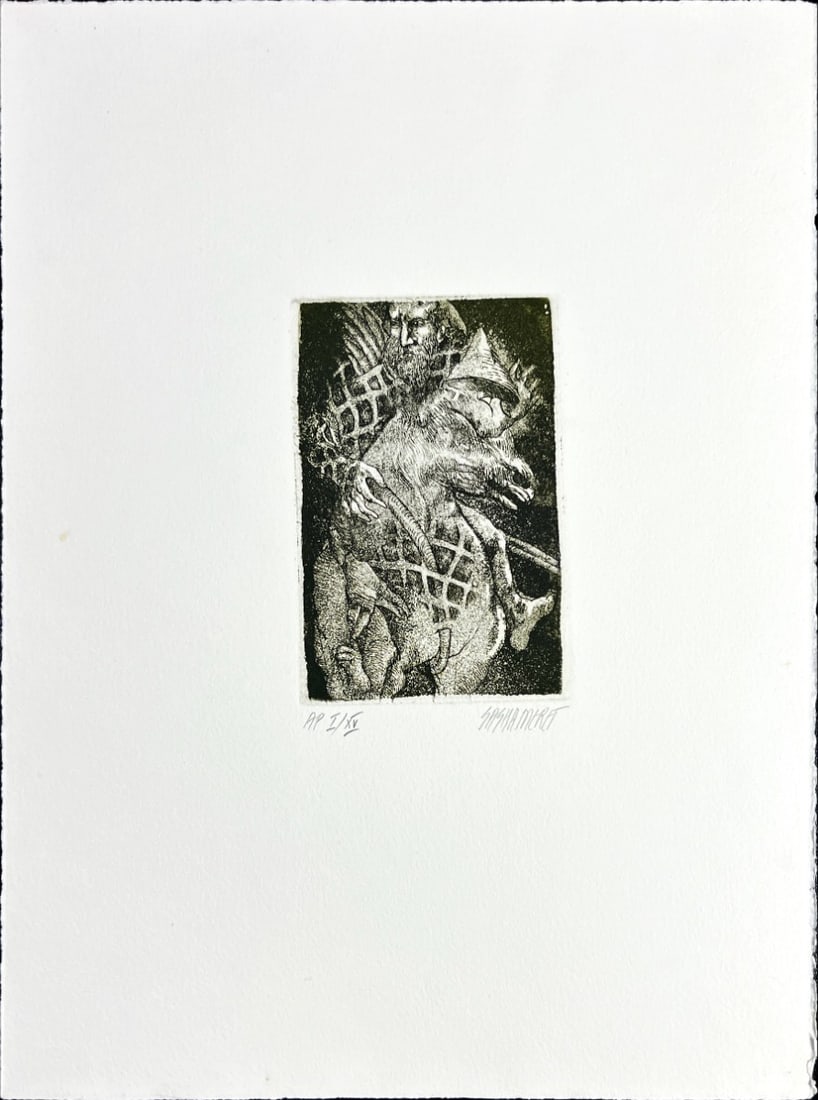 Sasha Meret - Etching - Hand signed: Artist: Meret, Sasha Title: Untitled Technique: Etching on Handmade paper size: 38 x 28,5 cm. (14,95 x 11,2 inch) Framed: Not framed More Information Sasha Meret was born i