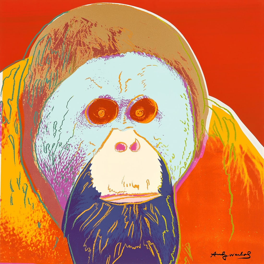 Andy Warhol - Orangutan of the series Endangered Species - Silkscreen: Artist: Warhol, Andy Title: Orangutan Technique: Silkscreen on Lenox museum board size: 96,5 x 96,5 cm. (38 x 38 inch) Framed: Not framed More Information Celebrate one of