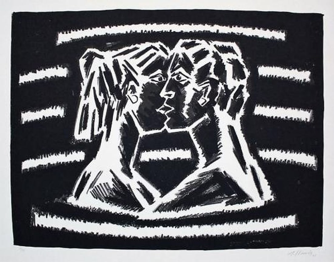 Limos, Robert - Linocut - Handsigned: Artist: Llimos, Robert Title: Pareja de enamorados Technique: Linocut on Arches paper size: 67 x 85 cm. (26,4 x 33,45 inch) Framed: Not framed More Information Handsigned a