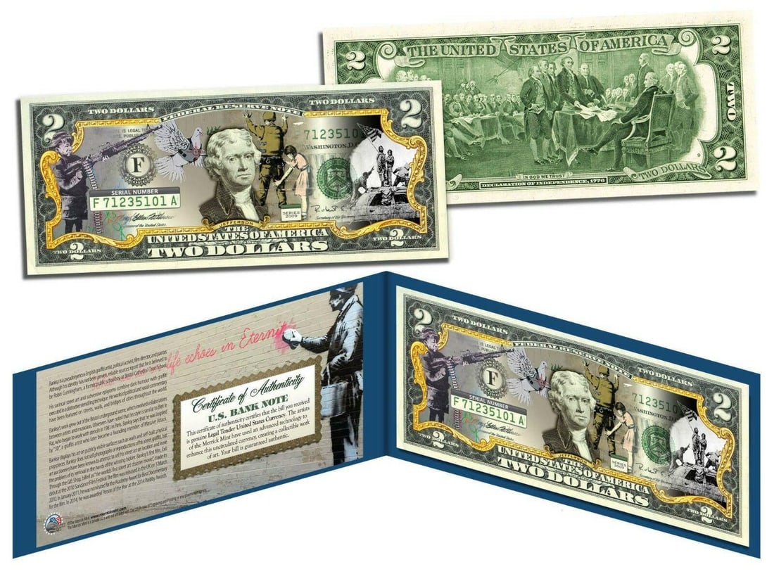 Bankst $2 Jefferson: Artist: Banksy Title: Genuine Legal Tender U.S. Technique: Banknote on Paper size: 6,5 x 15,5 cm. (2,55 x 6,1 inch) Framed: Not framed More Information BANKSY Devolved Jefferson UK Painting Genuine