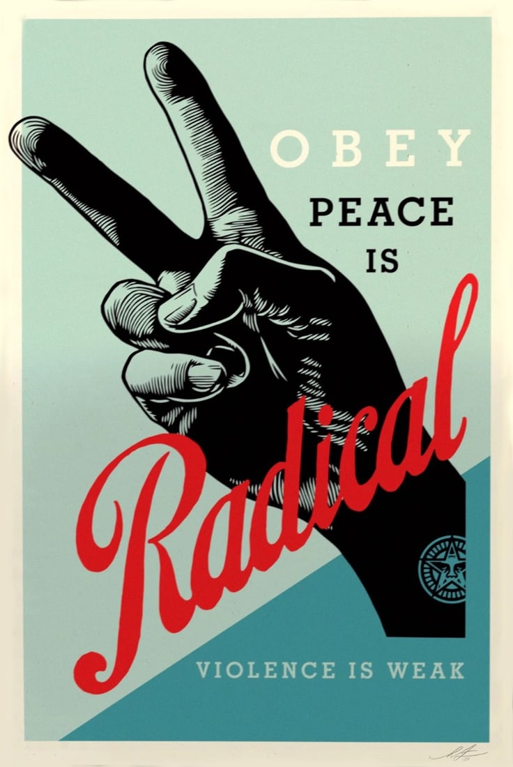Fairey, Shepard - Radical Peace - Hand-signed: Artist: Fairey, Shepard Title: Radical Peace Technique: Offset lithograph on Speckle tone paper size: 91,5 x 61 cm. (36 x 24 inch) Framed: Not framed More Information Title