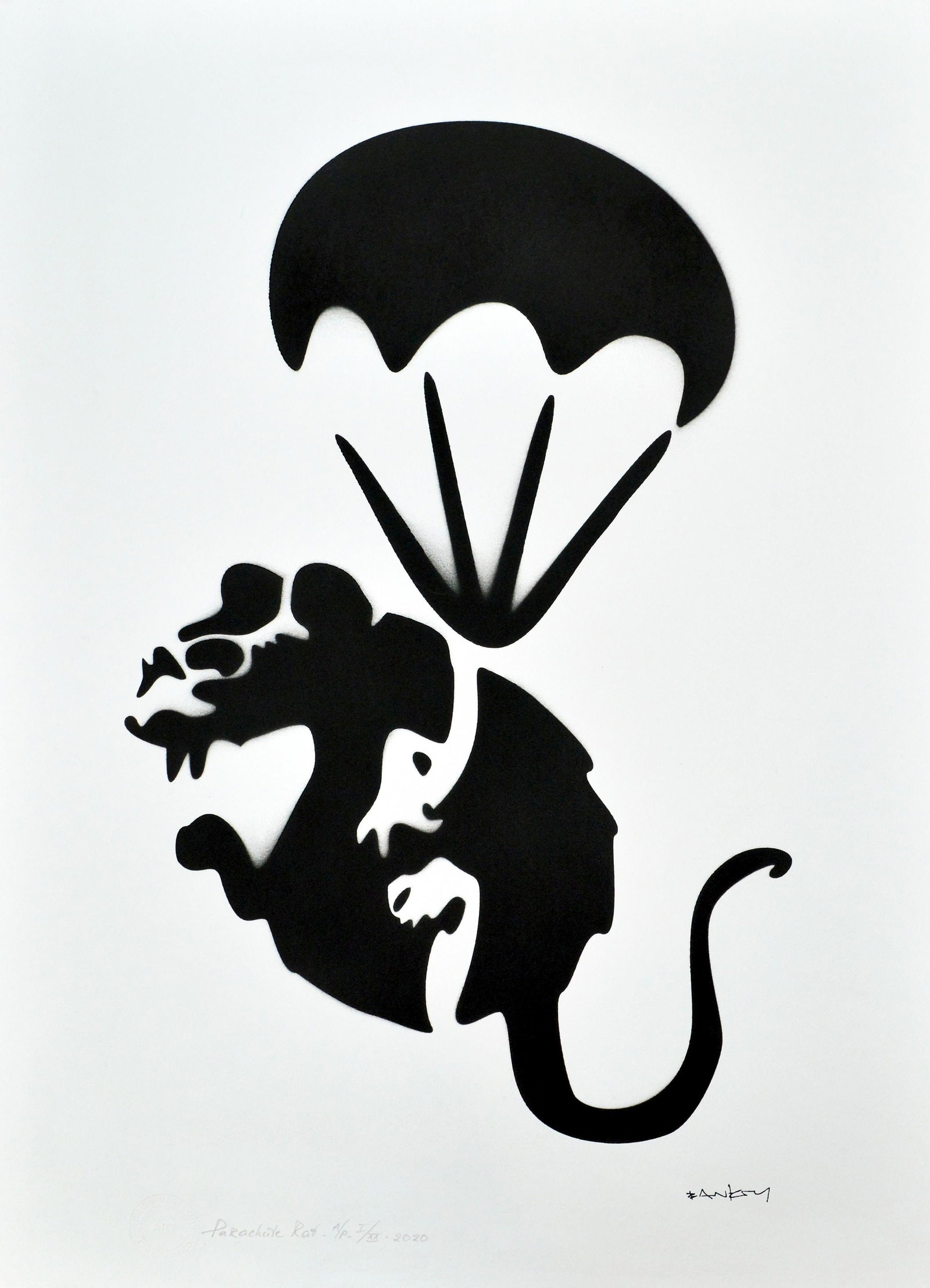 Banksy, after - Stencil / Spray: Artist: Banksy, after Title: Parachute Rat Technique: Stencil/Spray on Arches paper 360 g size: 70 x 50 cm. (27,55 x 19,7 inch) Framed: Not framed More Information Title: P