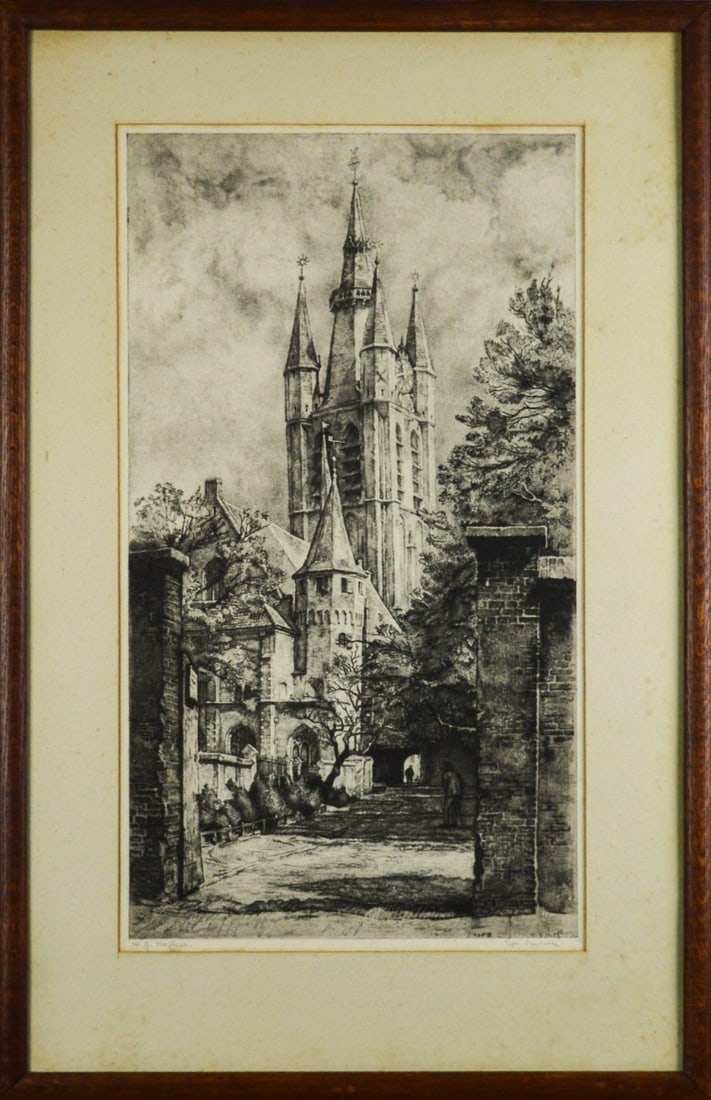 Hofker, Willem Gerard - Etching - Handsigned: Artist: Hofker, Willem Gerard Title: Kerk te Gouda Technique: Etching on Handmade paper size: 55 x 35 cm. (21,65 x 13,8 inch) Framed: 68 x 44 cm. (0 x 0 inch.) More Information Etching. Hand-signed.