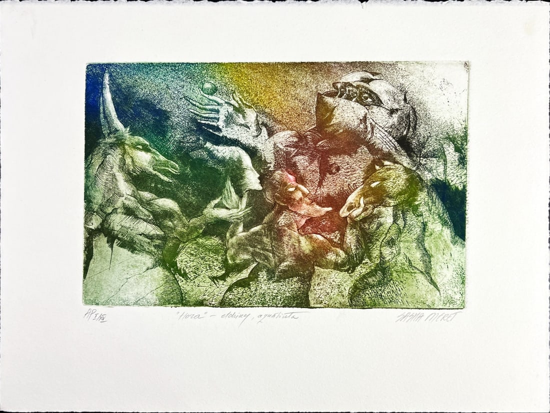 Sasha Meret - Etching - Hand signed: Artist: Meret, Sasha Title: Untitled Technique: Etching on Handmade paper size: 38 x 28,5 cm. (14,95 x 11,2 inch) Framed: Not framed More Information Sasha Meret was born i