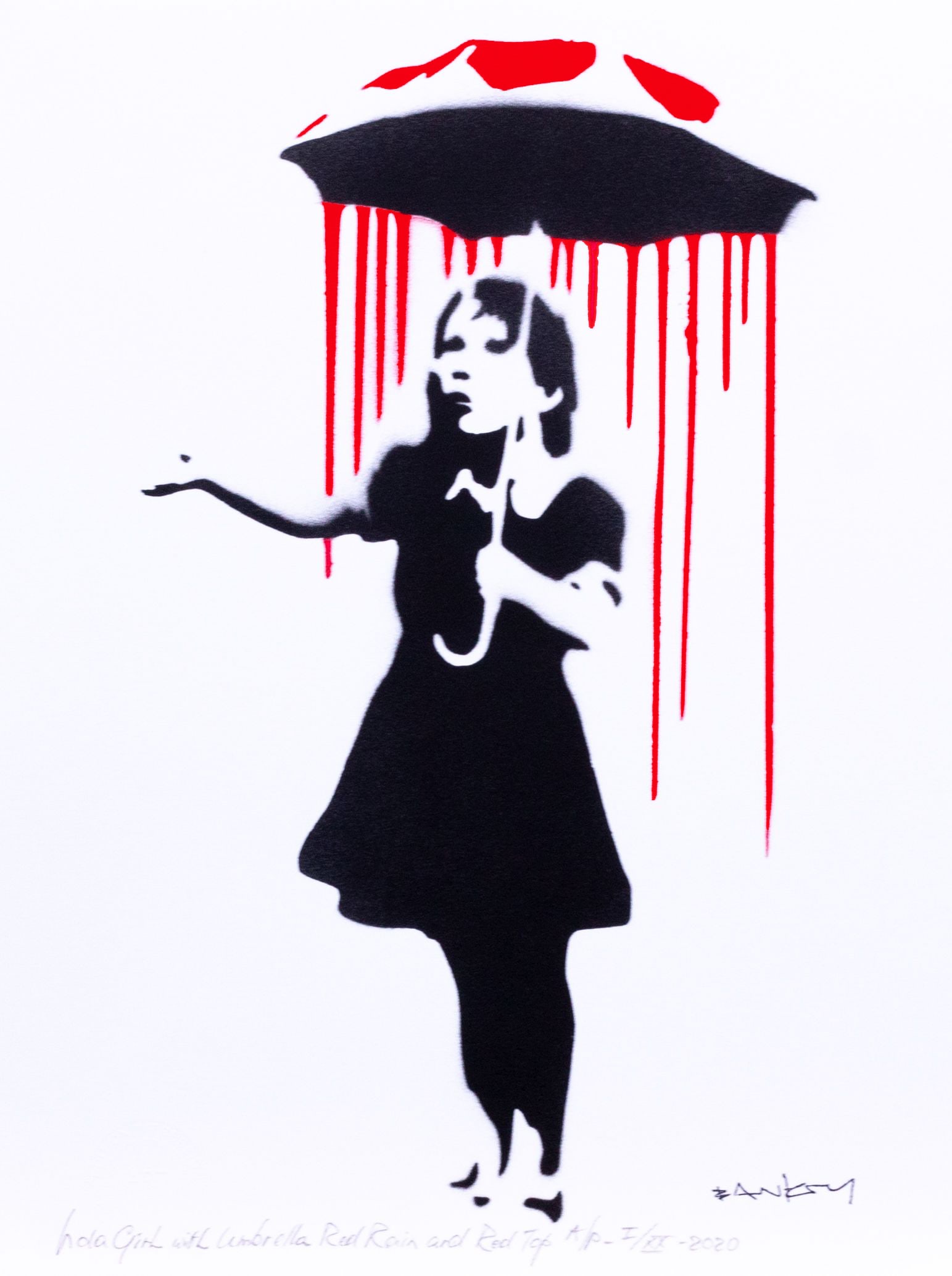 Banksy, after - Stencil / Spray.: Artist: Banksy, after Title: Nola Girl with Umbrella Red Rain and Red Top Technique: Stencil/Spray on Arches paper 360 g size: 40 x 30 cm. (15,75 x 11,8 inch) Framed: Not framed More