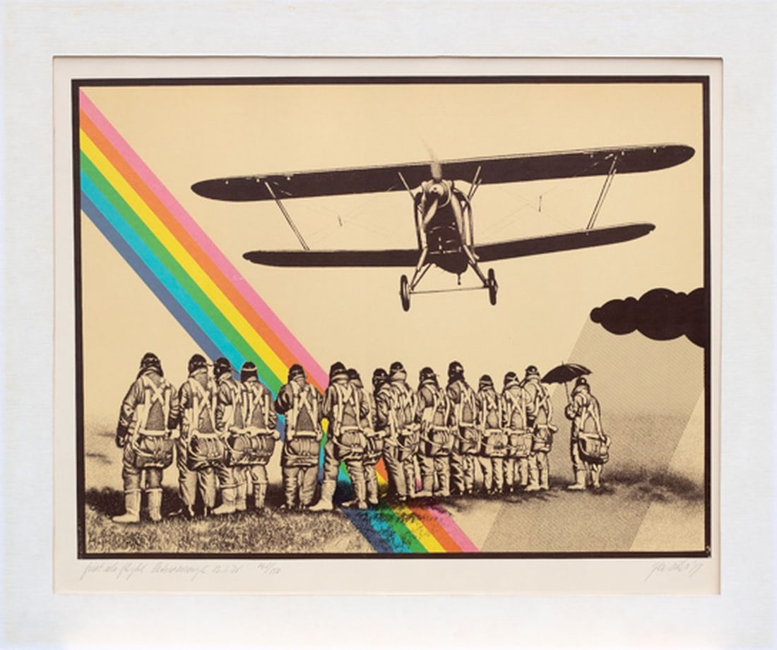 Siks, Ger - Silkscreen: Artist: Siks, Ger Title: First solo Flight. Peterborough 1936 Technique: Silkscreen on Handmade paper size: 43 x 52,5 cm. (16,95 x 20,65 inch) Framed: 51000000 x 62000000 cm. (20,1 x 24,4 inch.