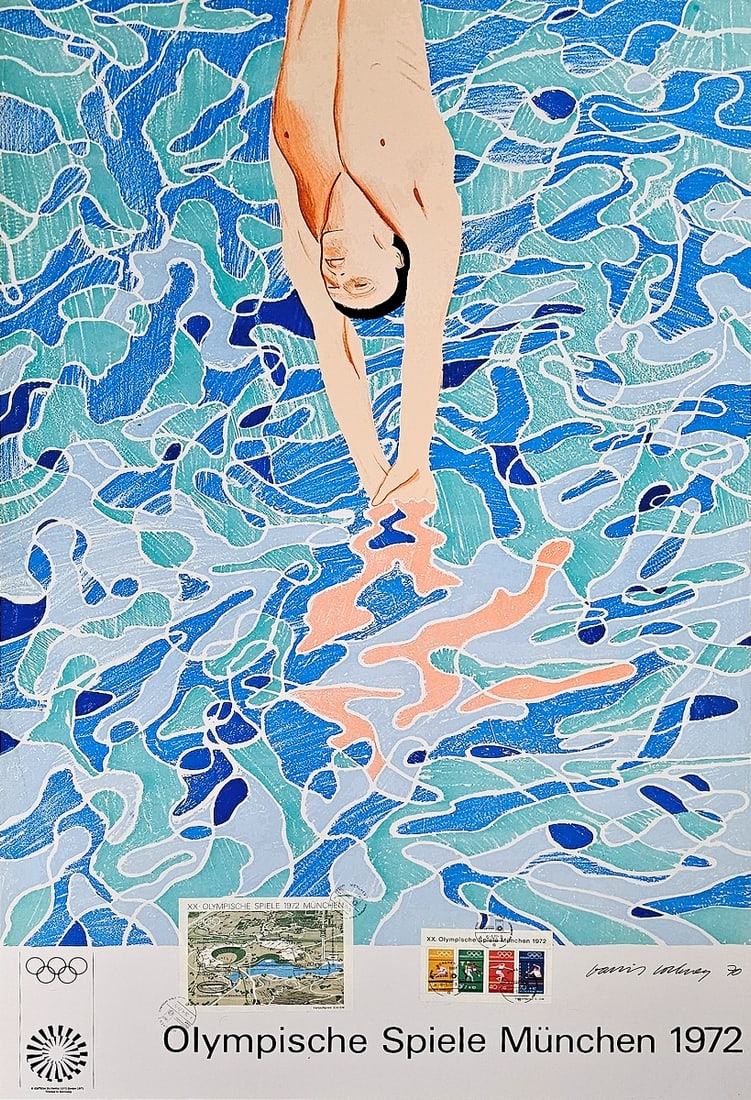David Hockney - Poster - Olympic Games Munich 1972 - with first day stamps: Artist: Hockney, David Title: Olympische Spiele München 1972 Technique: Serigraphic on Fine art paper size: 101 x 64 cm. (39,75 x 25,2 inch) Framed: Not framed More Information</