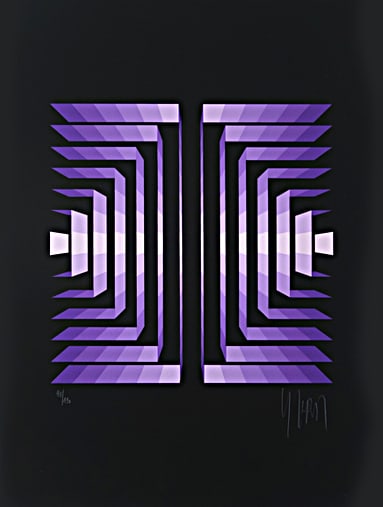 Jean-Pierre Vasarely - Silkscreen - Hand signed: Artist: Vasarely, Jean-Pierre Title: Rayonette Violet Technique: Silkscreen on Black Paper size: 48 x 36 cm. (18,9 x 14,15 inch) Framed: Not framed More Information Jean-Pierre Vasarely 1934-2002
