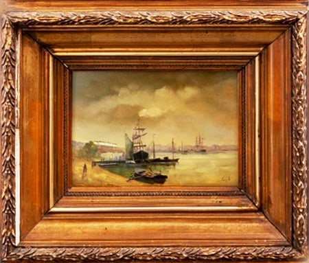 Sailingship - Dutch school - Oil-painting - Hand-signed: Artist: Unknown / Unreadable Artist Title: Zeilschip aan de kade Technique: Oil painting on Panel size: 13,5 x 19 cm. (5,3 x 7,5 inch) Framed: 27,5 x 32,5 cm. (10,85 x 12,8 inch) More Information