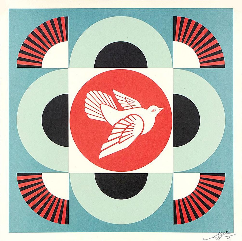 Fairey, Shepard - Geometric Dove Blue - Hand-signed.: Artist: Fairey, Shepard Title: Geometric Dove - Blue Technique: Offset lithograph on Speckle tone paper size: 61 x 61 cm. (24 x 24 inch) Framed: Not framed More Information