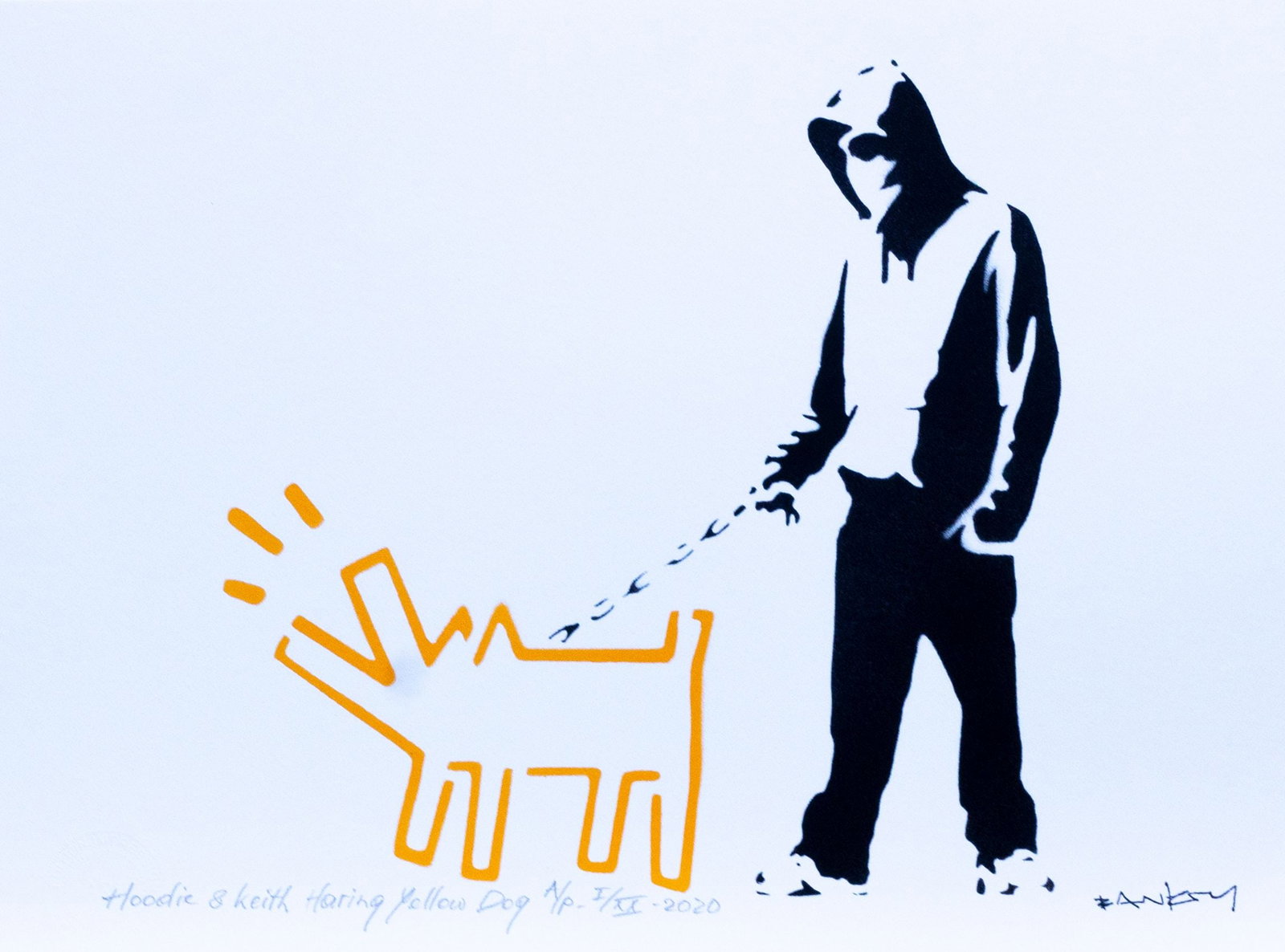 Banksy, after - Stencil / Spray.: Artist: Banksy, after Title: Hoodie & Keith Haring Yellow Dog Technique: Stencil/Spray on Arches paper 360 g size: 40 x 30 cm. (15,75 x 11,8 inch) Framed: Not framed More Info