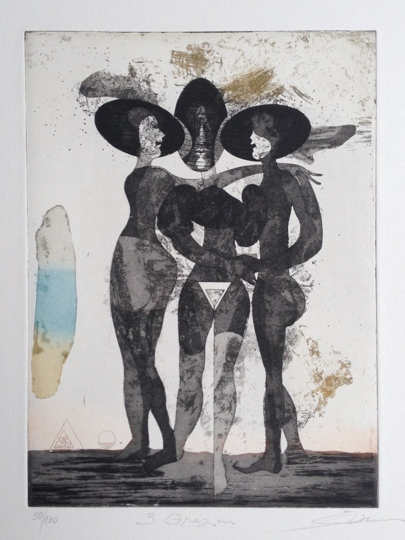 Erceanu, Dan - Etching - Handsigned: Artist: Erceanu, Dan Title: 3 Grazien Technique: Etching on Handmade paper size: 50 x 40 cm. (19,7 x 15,75 inch) Framed: Not framed More Information Hand-Signed, titled and numbered by the Artist.