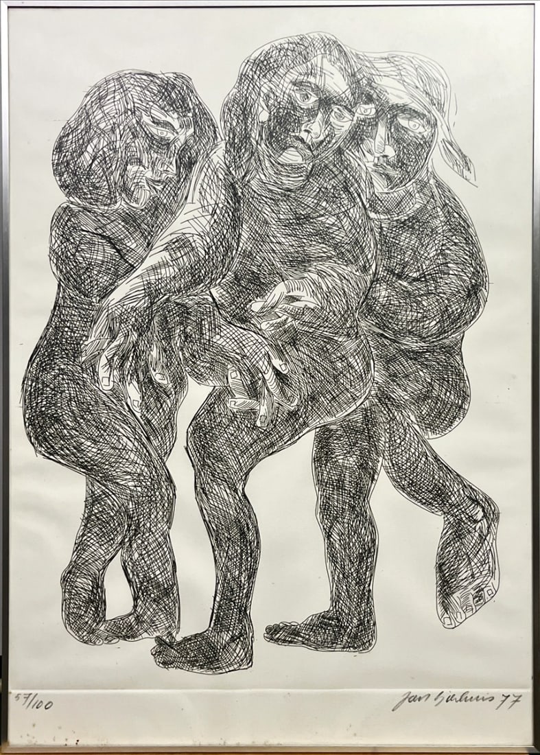 Sierhuis, Jan - Etching - Hand signed: Artist: Sierhuis, Jan Title: Drie figuren Technique: Etching on Handmade paper size: 70 x 49,5 cm. (27,55 x 19,5 inch) Framed: 70,5 x 50,5 cm. (27,75 x 19,9 inch) More Info