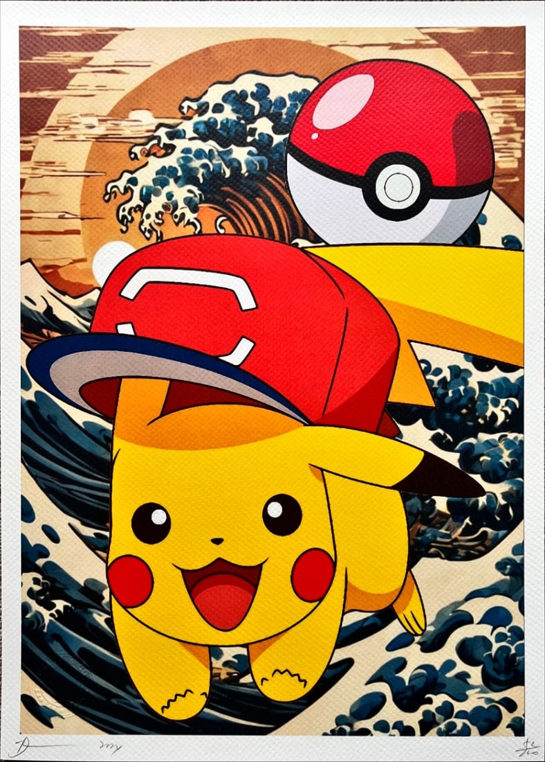 Death NYC - Pikachu with Kanagawa - Hand signed: Artist: Death NYC Title: Pikachu with Kanagawa Technique: Graffiti Pop Art Print on Fine art 300 gsm paper size: 45 x 32 cm. (17,7 x 12,6 inch) Framed: Not framed More Information Hand signature by