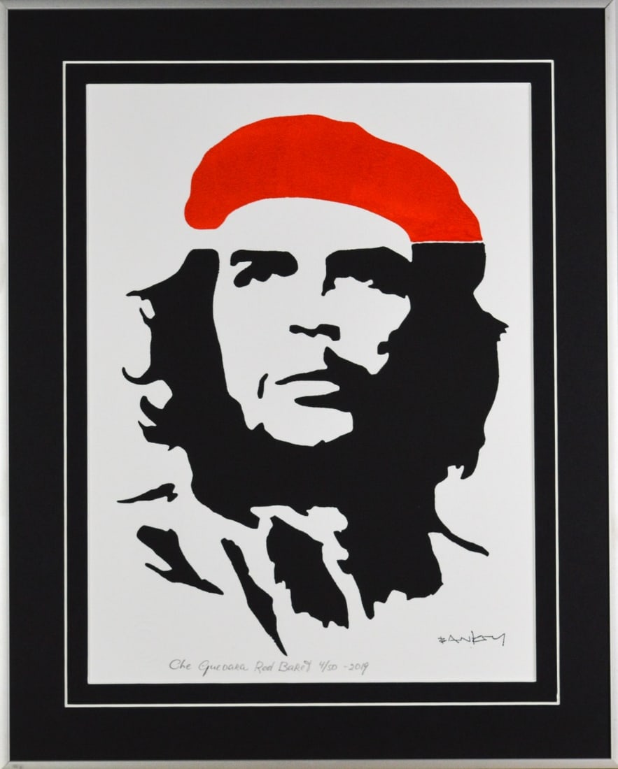 Street Artist. Stencil/Spray: Artist: Banksy, after Title: Che Guevara Red Baret Technique: Stencil/Spray on Handmade paper size: 40 x 30 cm. (15,75 x 11,8 inch) Framed: 50,5 x 40,5 cm. (19,9 x 15,95 inch) More Information
