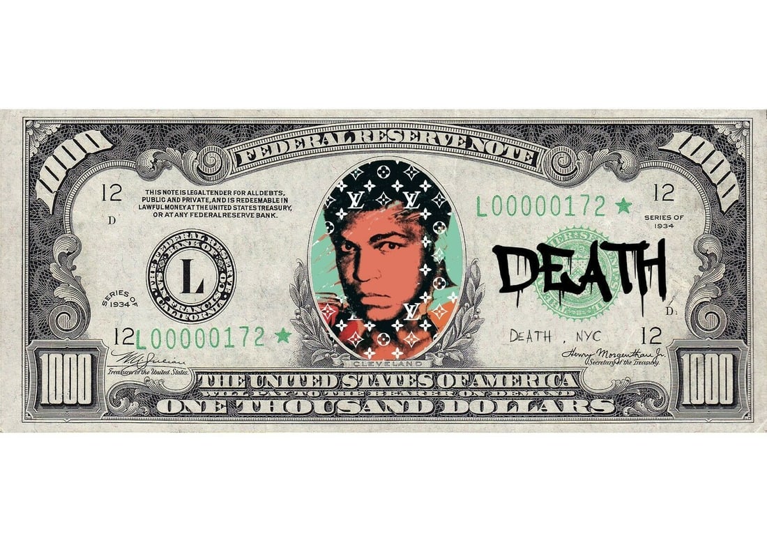 Death NYC - Mixed media: Artist: Death NYC Title: Ali USD 3 Technique: Mixed techniques on Fine art 300 gsm paper size: 45 x 32 cm. (17,7 x 12,6 inch) Framed: Not framed More Information Hand signature by the Artist.