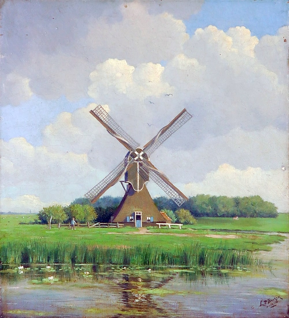 L.P. Becker - Oil painting - Handsigned: Artist: Becker, L.P. Title: Landschap met molen Technique: Oil painting on Canvas size: 44 x 37 cm. (17,3 x 14,55 inch) Framed: Not framed More Information Dutch school. Qualitatively nice painting