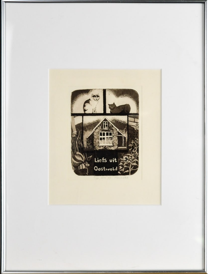 Hanneke - Etching: Artist: Hanneke Title: Liefs uit Oostwold Technique: Etching on Handmade paper size: 17 x 14 cm. (6,7 x 5,5 inch) Framed: 41 x 31 cm. (16,15 x 12,2 inch) More Information</