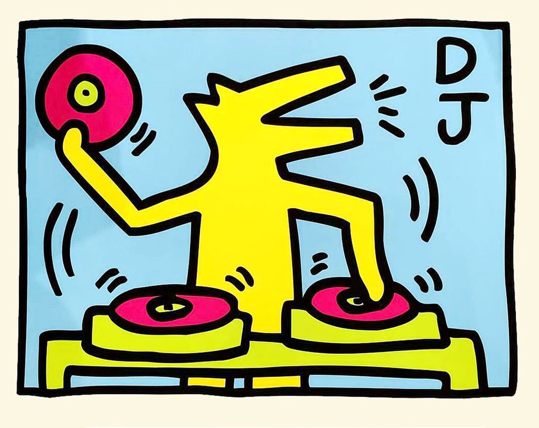 Haring, Keith - Silkscreen: Artist: Haring, Keith Title: DJ Technique: Silkscreen on Handmade paper size: 73,7 x 96,3 cm. (29 x 37,9 inch) Framed: Not framed More Information Keith Haring Foundation. Licensed by Artstar New