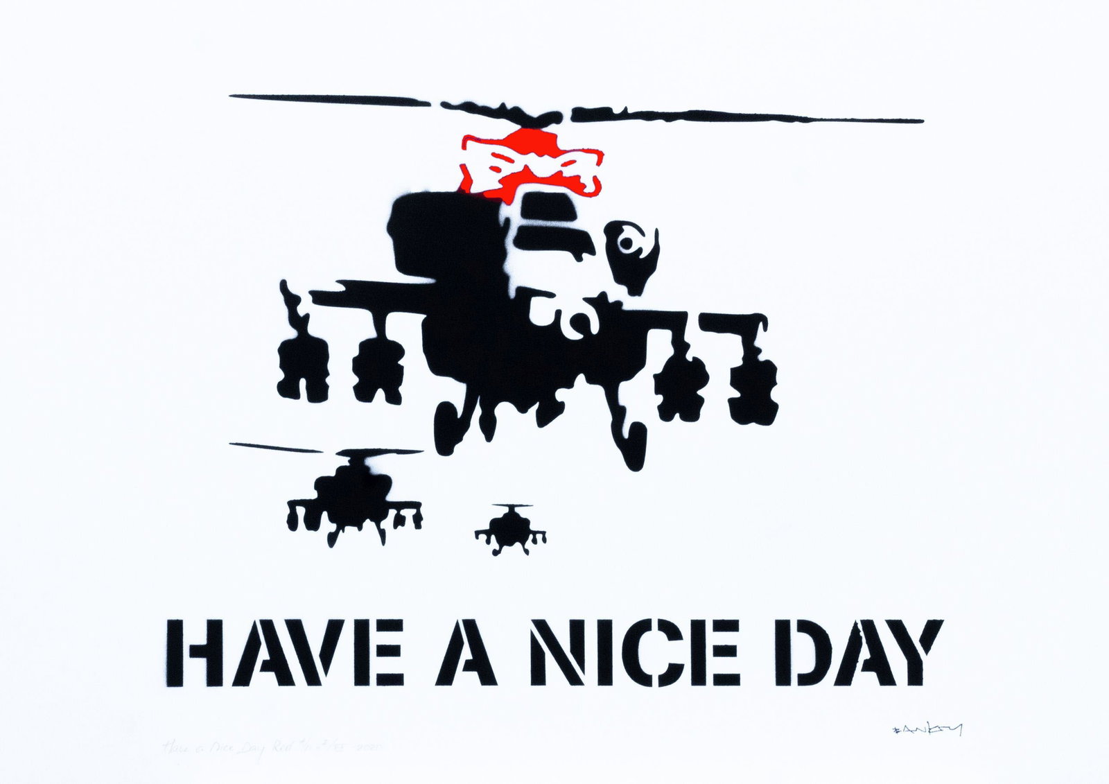 Banksy, after - Stencil / Spray.: Artist: Banksy, after Title: Have a Nice Day Red Technique: Stencil/Spray on Arches paper 360 g size: 70 x 50 cm. (27,55 x 19,7 inch) Framed: Not framed More Information Title: Have a Nice Day Red.