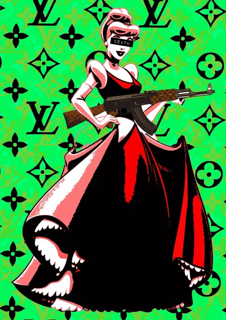 Death NYC - Cinderella with her A.K. - Hand signed: Artist: Death NYC Title: Cinderella with her A.K. Technique: Graffiti Pop Art Print on Fine art 300 gsm paper size: 45 x 32 cm. (17,7 x 12,6 inch) Framed: Not framed More Informat