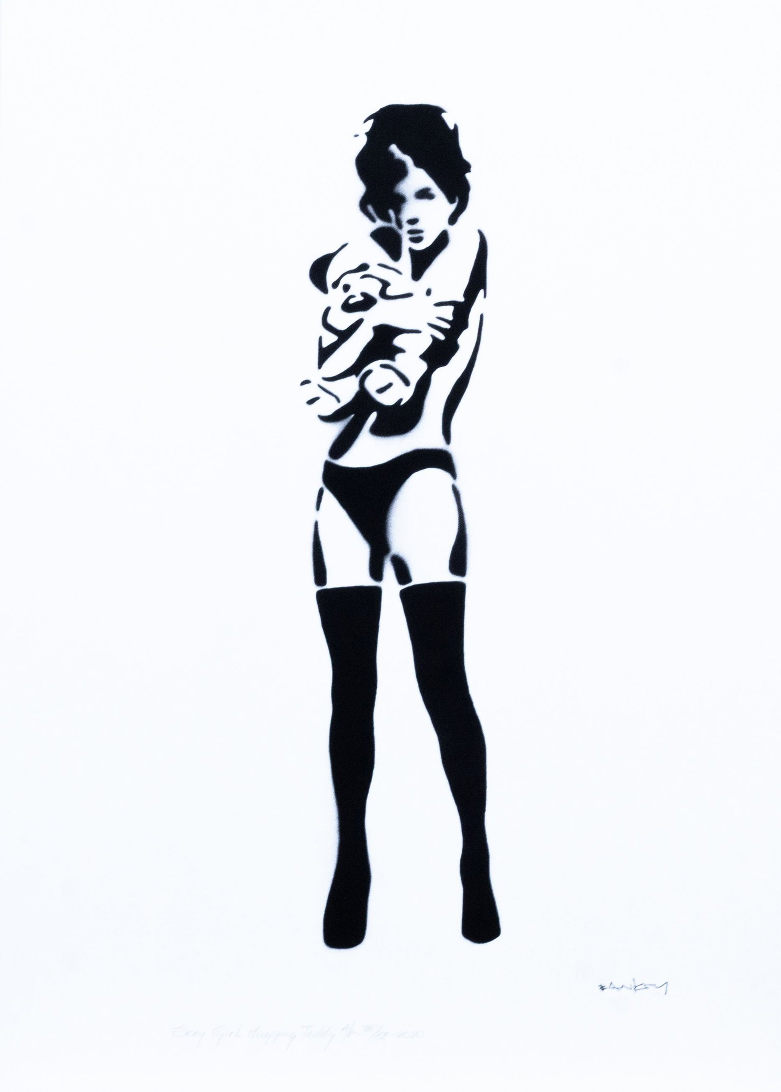 Banksy, after - Stencil / Spray.: Artist: Banksy, after Title: Sexy Girl Hugging Teddy Technique: Stencil/Spray on Arches paper 360 g size: 40 x 30 cm. (15,75 x 11,8 inch) Framed: Not framed More Information Title: Sexy Girl Hugging