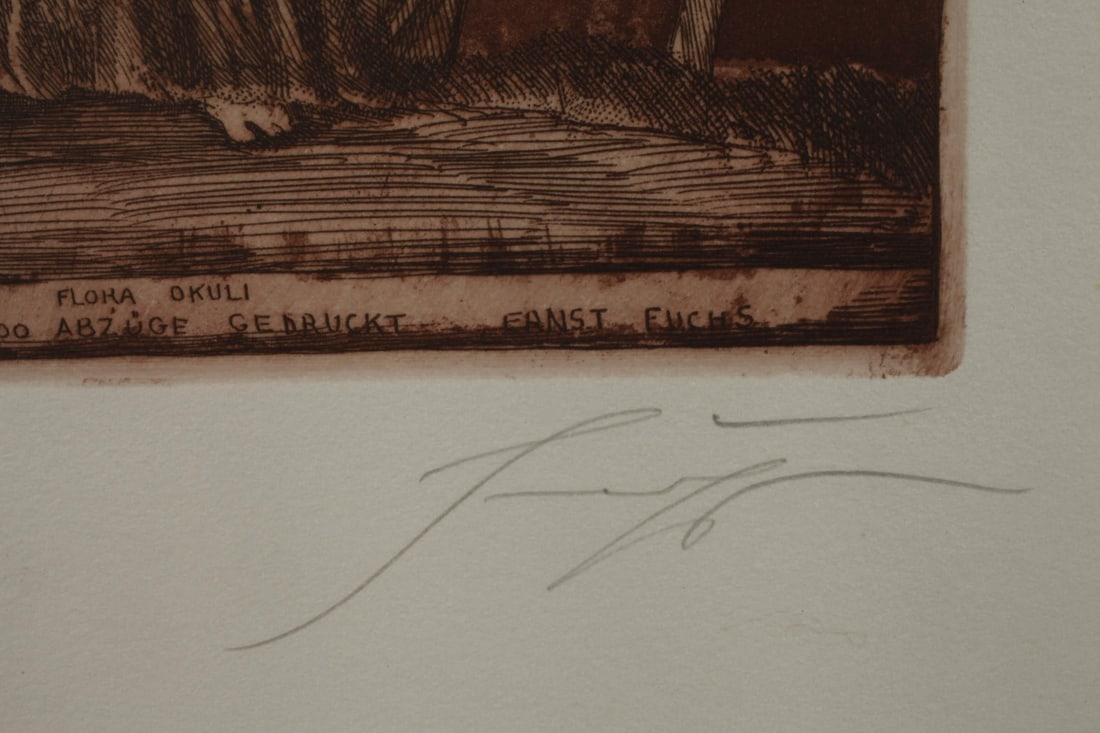 Fuchs, Ernst - Etching - Hand signed: Artist: Fuchs, Ernst Title: Flora okuli Technique: Etching on Handmade paper size: 40 x 30 cm. (15,75 x 11,8 inch) Framed: Not framed More Information Prof. Ernst Fuchs