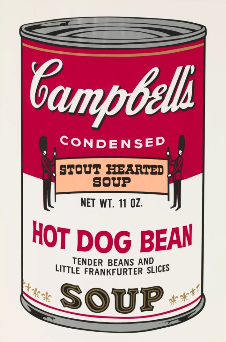 Andy Warhol - Campbells Soup - Hot Dog Bean - Silkscreen: Artist: Warhol, Andy Title: Campbells Soup - Hot Dog Bean Technique: Silkscreen on Museum board (heavy weight paper) size: 89 x 58,5 cm. (35,05 x 23,05 inch) Framed: Not framed More Information Andy