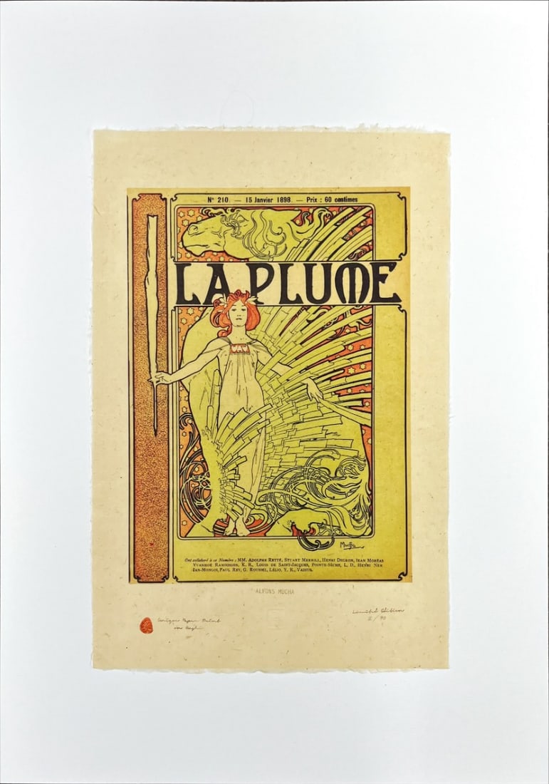 Mucha, Alphonse - Lithograph - Handnumbered: Artist: Mucha, Alphonse Title: La Plume Technique: Lithograph on Japanese rice paper size: 49 x 32 cm. (19,3 x 12,6 inch) Framed: Not framed More Information ALPHONSE MUCHA - Lithograph Unique