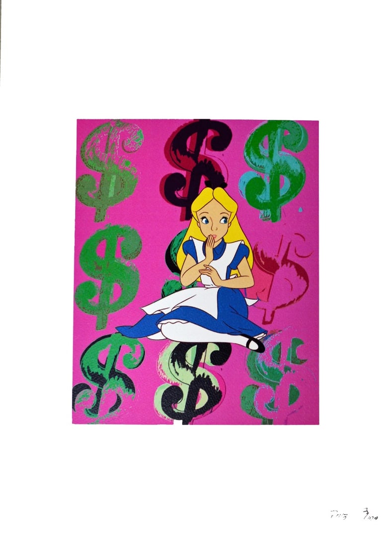 Missing Piece - Screenprint.: Artist: Missing Piece Title: Alice Money Pink Technique: Silkscreen on Fine art 300 gsm paper size: 45 x 32 cm. (17,7 x 12,6 inch) Framed: Not framed More Information H