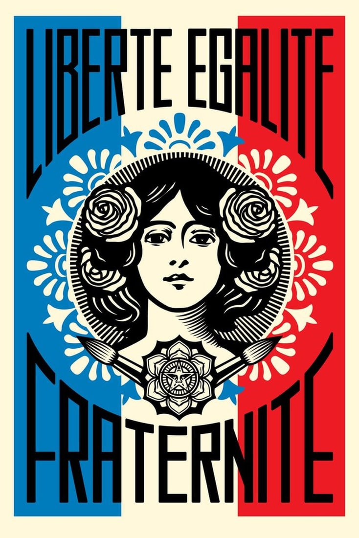 Fairey, Shepard - Liberte Egalite Fraternite - Hand-signed: Artist: Fairey, Shepard Title: Liberte Egalite Fraternite Technique: Offset lithograph on Speckle tone paper size: 91,5 x 61 cm. (36 x 24 inch) Framed: Not framed More Information