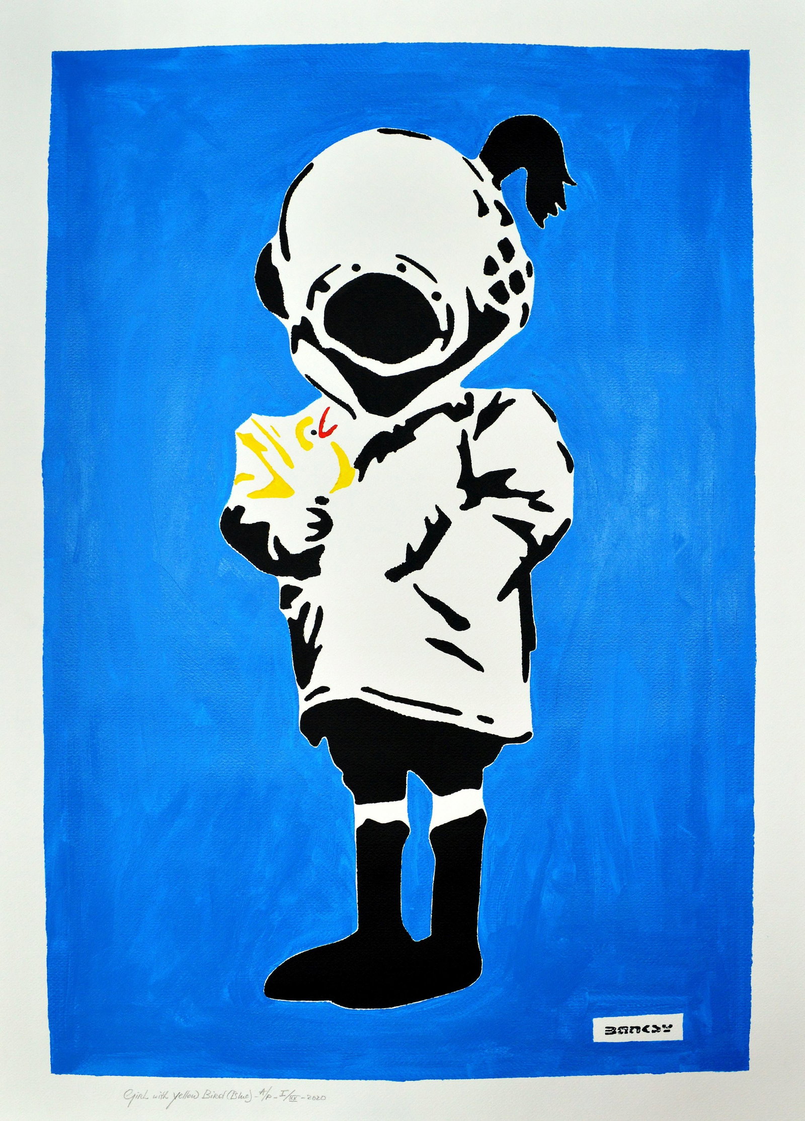 Banksy, after - Stencil / Spray: Artist: Banksy, after Title: Girl with Yellow Bird (Blue) Technique: Stencil/Spray on Arches paper 400 g size: 100 x 70 cm. (39,35 x 27,55 inch) Framed: Not framed More Information Title: Girl with