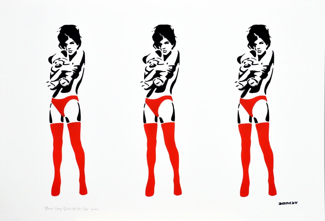 Banksy, after - Stencil / Spray.: Artist: Banksy, after Title: Three Sexy Girls (IV) Technique: Stencil/Spray on Arches paper 400 g size: 70 x 100 cm. (27,55 x 39,35 inch) Framed: Not framed More Information Title: Three Sexy Girls