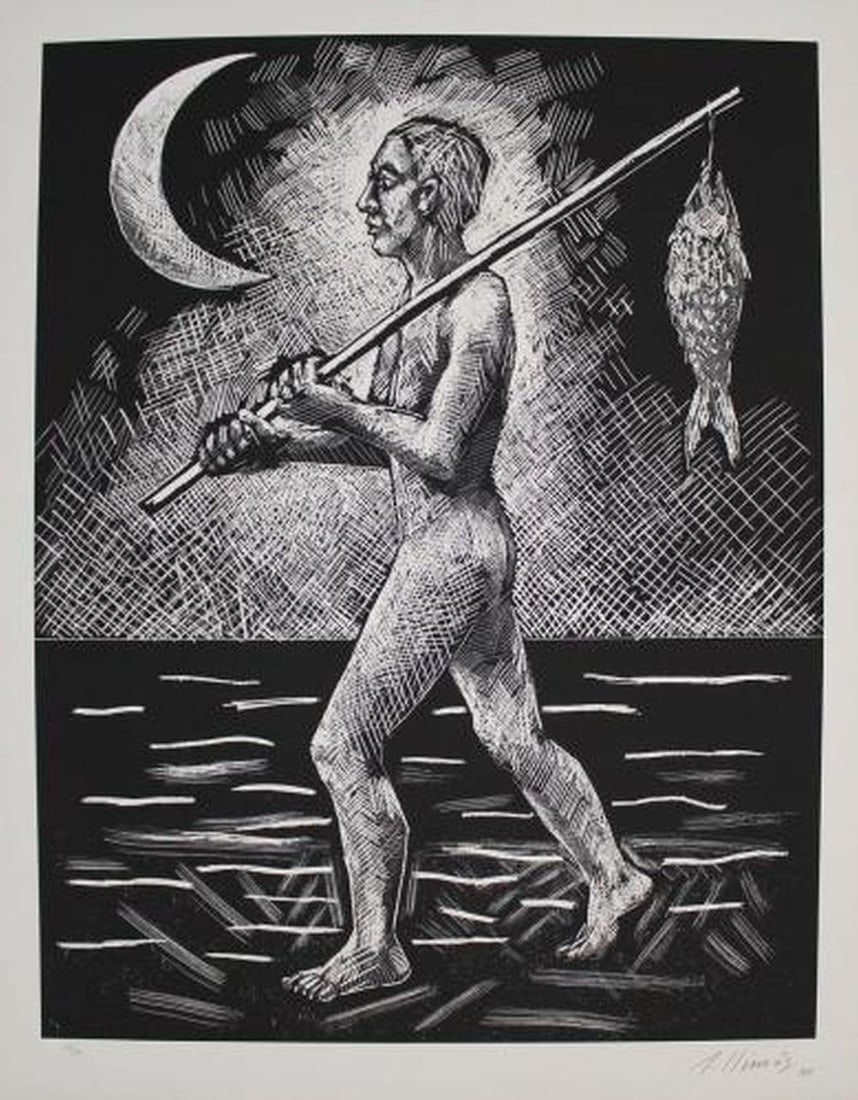 Llimos, Robert - Linocut - Handsigned: Artist: Llimos, Robert Title: El Pescador Technique: Linocut on Arches paper size: 85 x 65 cm. (33,45 x 25,6 inch) Framed: Not framed More Information Handsigned and numbered in pencil by the artist.