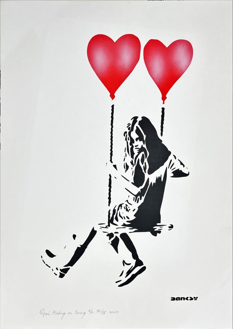 Banksy, after - Stencil / Spray.: Artist: Banksy, after Title: Girl Riding on Swing Technique: Stencil/Spray on Arches paper 360 g size: 40 x 30 cm. (15,75 x 11,8 inch) Framed: Not framed More Information Stencil/Spray. StreetArt.