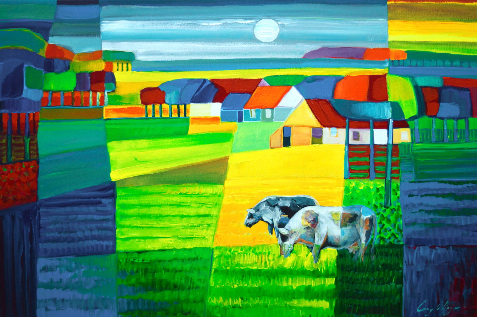Wing, Lony - Acryl Painting - Handsigned: Artist: Wing, Lony Title: Koeien bij boerderij Technique: Acrylic painting on Canvas size: 60 x 90 cm. (23,6 x 35,45 inch) More Information Hand signature by the Artist. Comes with COA. About the