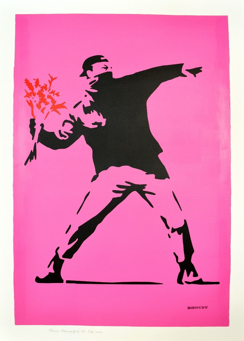 Banksy, after - Stencil / Spray.: Artist: Banksy, after Title: Flower Thrower (Pink) Technique: Stencil/Spray on Arches paper 400 g size: 100 x 70 cm. (39,35 x 27,55 inch) Framed: Not framed More Information</